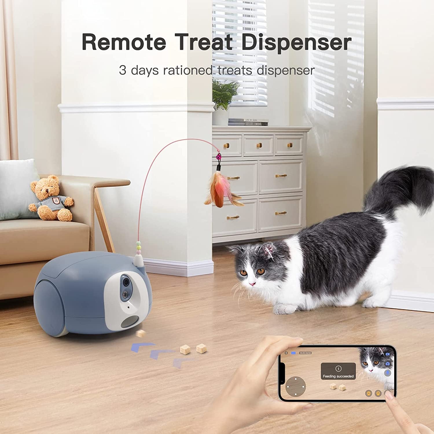 Pet Camera Treat Dispenser, Cat Dog Camera, Automatic Pet Feeder with App Remote Control, 2 Way Audio, 1080P HD Mobile Camera with Night Vision, Interactive Replaceable Cat Teaser