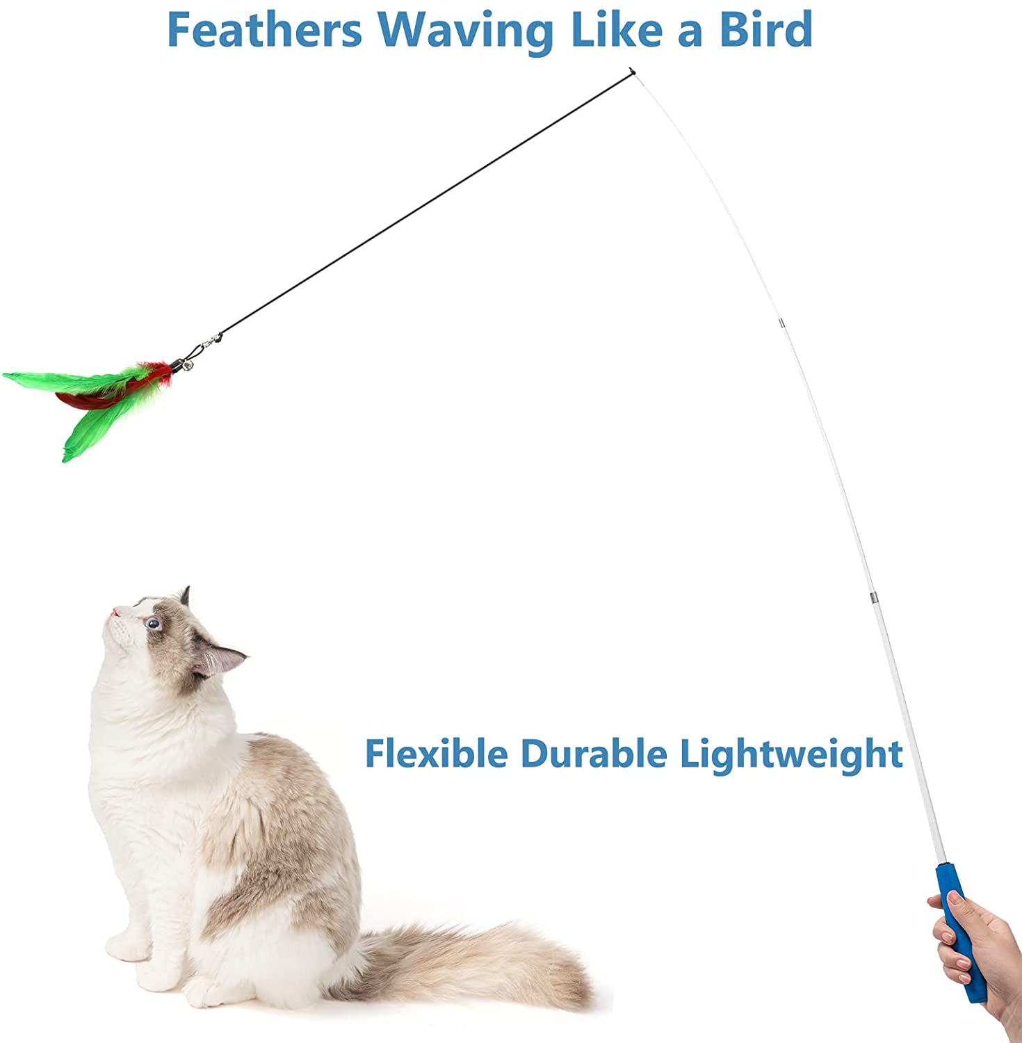 Cat Toys Feathers Wand, Interactive Cat Toy Kitten Toys 2 Retractable Cat Wand Toy and 7 Feather Teaser Refills with Bells, Telescopic Cat Fishing Pole Toy for Indoor Bored Cats Gifts Exercise Pack