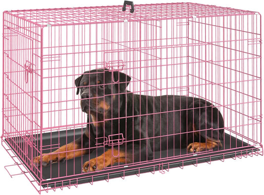 FDW Dog Crate Dog Cage Pet Crate for Large Dogs Folding Metal Pet Cage Double Door W/Divider Panel Indoor Outdoor Dog Kennel Leak-Proof Plastic Tray Wire Animal Cage (Pink, 42 Inch)