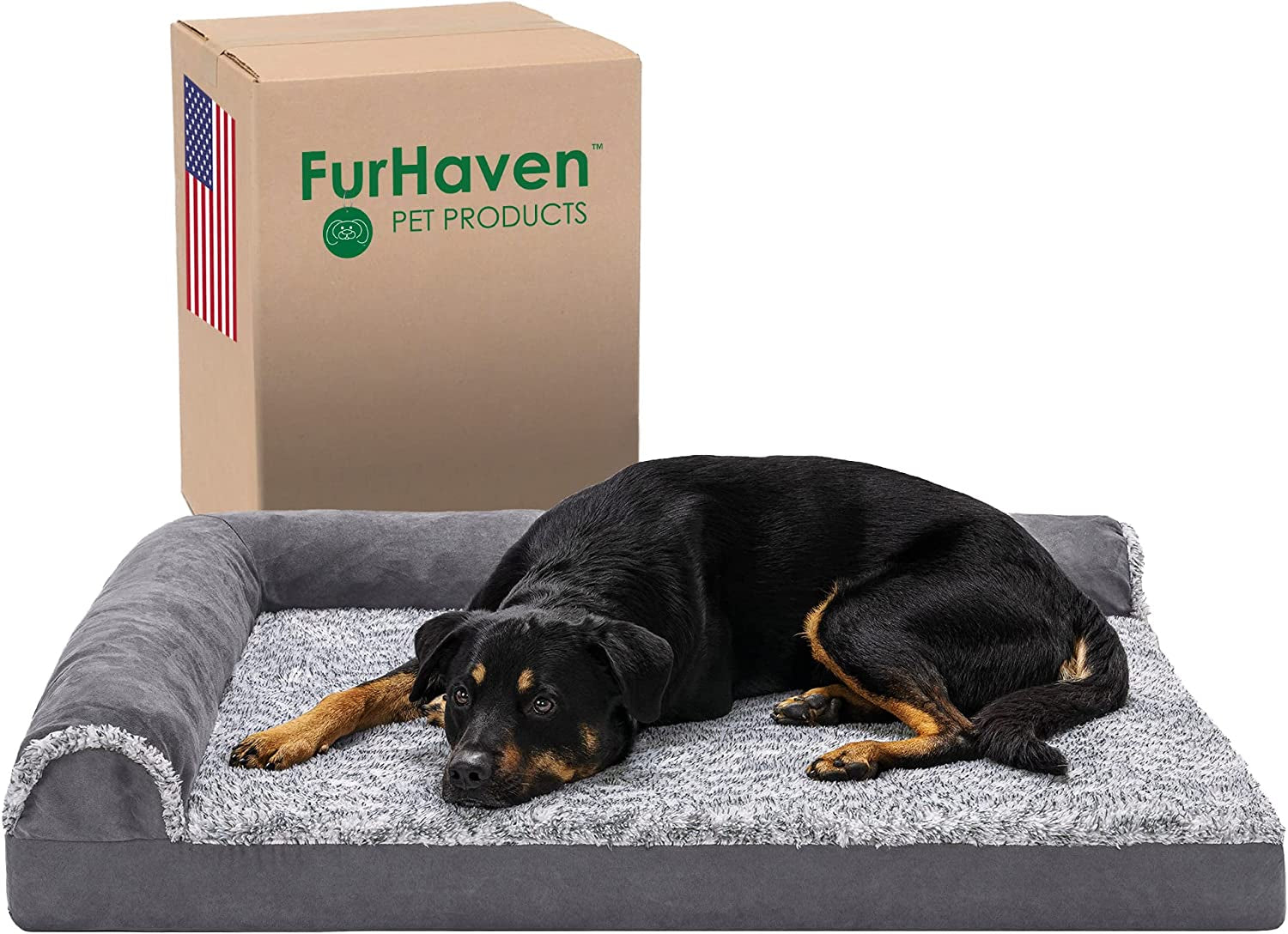 Furhaven Orthopedic Dog Bed for Large Dogs W/ Removable Bolsters & Washable Cover, for Dogs up to 95 Lbs - Two-Tone Plush Faux Fur & Suede L Shaped Chaise - Marine Blue, Jumbo/Xl