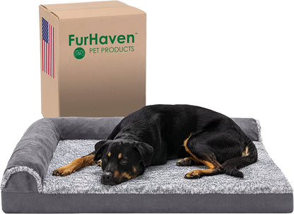 Furhaven Cooling Gel Dog Bed for Large Dogs W/ Removable Bolsters & Washable Cover, for Dogs up to 125 Lbs - Two-Tone Plush Faux Fur & Suede L Shaped Chaise - Stone Gray, Jumbo Plus/Xxl