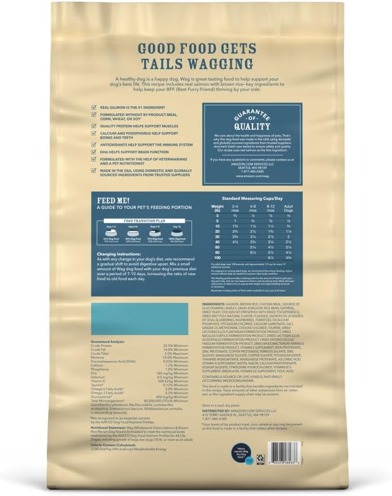 Amazon Brand – Wag Dry Dog Food, Salmon and Brown Rice, 30 Lb Bag (Pack of 1)