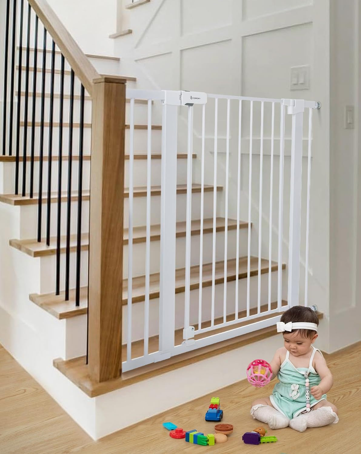 COMOMY 36" Extra Tall Baby Gate for Stairs Doorways, Fits Openings 29.5" to 40.6" Wide, Auto Close Sturdy Safety Dog Gate for House, Pressure Mounted Easy Walk through Pet Gate with Door, White