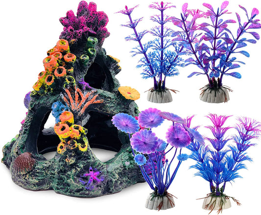 GSD Aquarium Colorful Coral Reef Set Fish Tank Decoration Mountain Ornament for Aquarium Environments Decor Accessories, Coral Mountain x 1, Aquatic Plant x 4