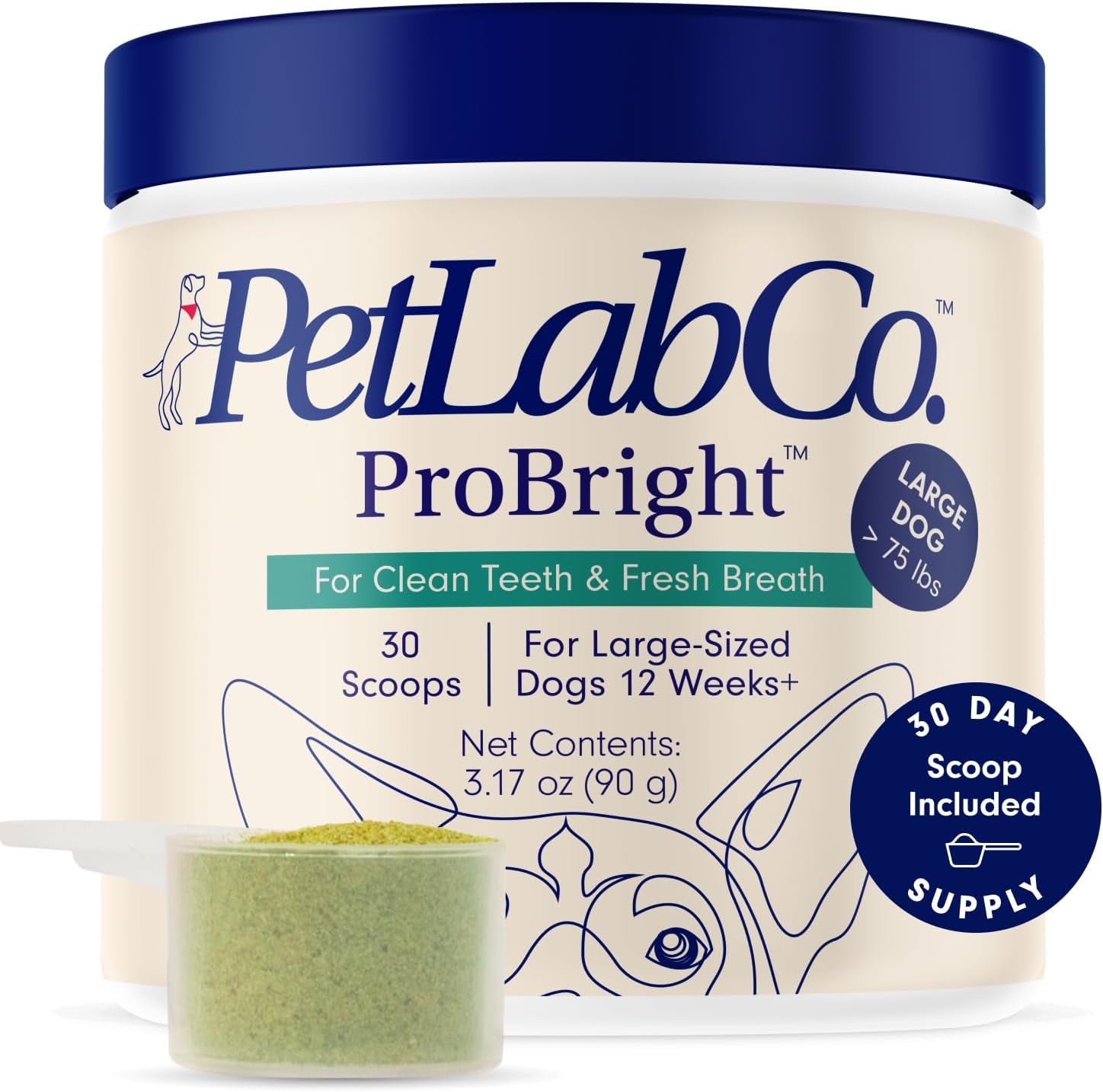 Petlab Co. Probright Dental Powder - Dog Breath Freshener - Teeth Cleaning Made Easy – Targets Tartar & Bad Breath - Formulated for Large Dogs