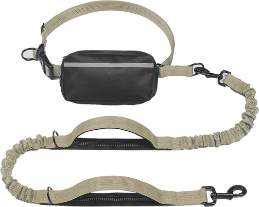 Iyoshop Hands Free Dog Leash with Zipper Pouch, Dual Padded Handles and Durable Bungee for Walking, Jogging and Running Your Dog (Large, 25-120 Lbs, Khaki)