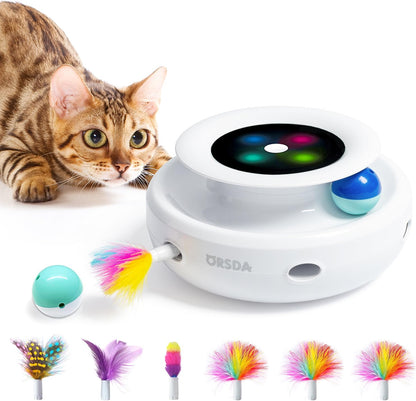 ORSDA 2in1 Interactive Toys for Indoor Cats, Timer Auto On/Off, Cat Toy Balls & Ambush Electronic Cat Mice Toy for Entertainment with 6pcs Feathers, Dual Power Supplies