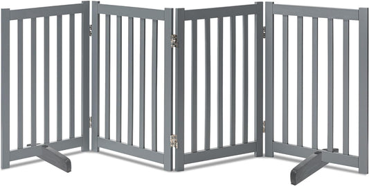 LZRS Solid Hardwood Freestanding Pet Gate,Wooden Dog Gates for Doorways,Nature Wood Dog Gates for the House,Dog Gate for Stairs,Freestanding Indoor Gate Safety Fence,Grey,30" Height-4 Panels