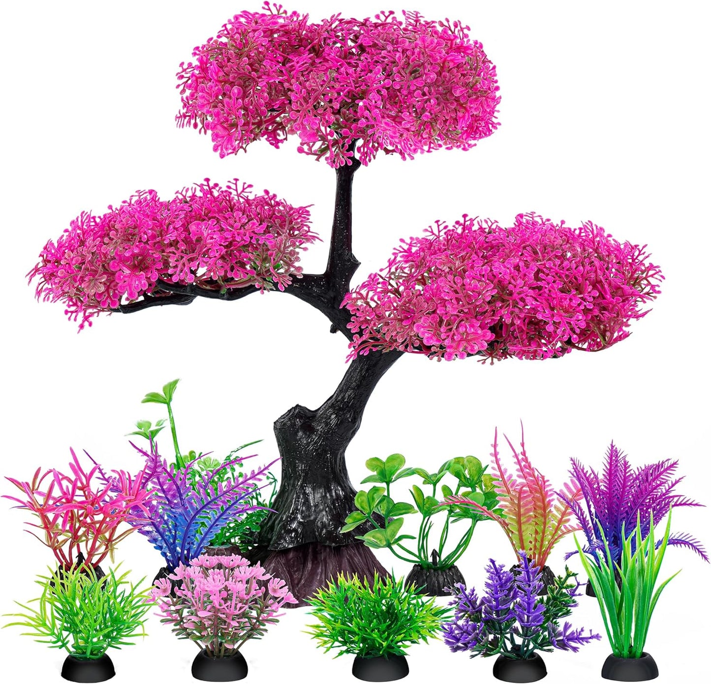 Ameliade Aquarium Artificial Plastic Plants Decoration, Pink Cherry Blossom Tree & Grass Aquarium Decor Set, Goldfish Betta Fish Tank Decorations Hides Accessories（Pink