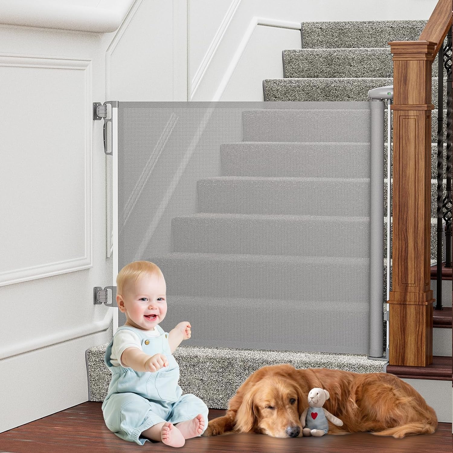Probebi Retractable Baby Gates Extra Wide，Probebi Retractable Dog Gate the House Extends to 54'' Wide 34'' Tall，Gates Baby Indoor，Stair Gate Outdoor，Staris，Hallways，Doorways，Deck，Porch，C-Grey (SG021)