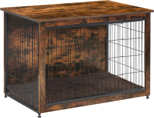 DWANTON Dog Crate Furniture with Cushion, Wooden Dog Crate Table, Double Doors Dog Furniture, Indoor Dog Kennel, Dog House, Dog Cage Large, 38.5" L, Rustic Brown