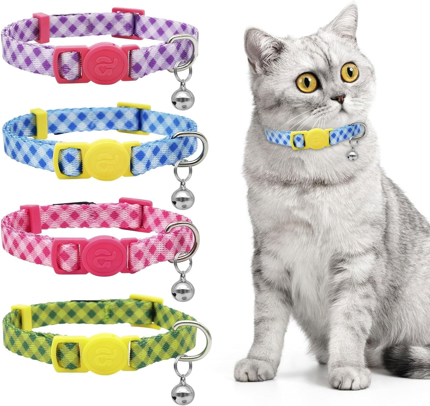 Azuza 4 Pack Breakaway Plaid Cat Collar with Bell, 4 Pack Quick Release Safe Buckle Cat Collars, 4 Colors Checkered Pattern, Adjustable from 8"-12"