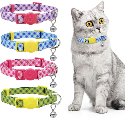 Azuza 4 Pack Breakaway Plaid Cat Collar with Bell, 4 Pack Quick Release Safe Buckle Cat Collars, 4 Colors Checkered Pattern, Adjustable from 8"-12"