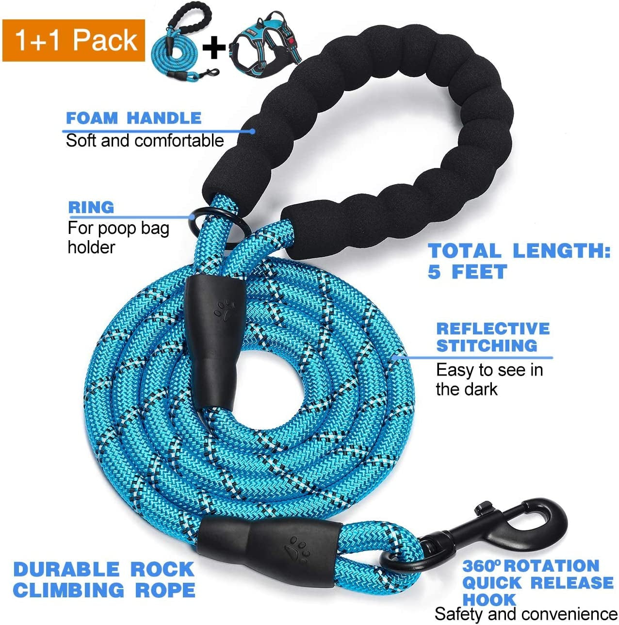 Tobedri No Pull Harness with a Free Heavy Duty 5Ft Leash for Medium Large Dog Adjustable Reflective Oxford Easy Control (L (Neck: 18"-25.5", Chest: 24.5"-33"), Black Harness+Leash)