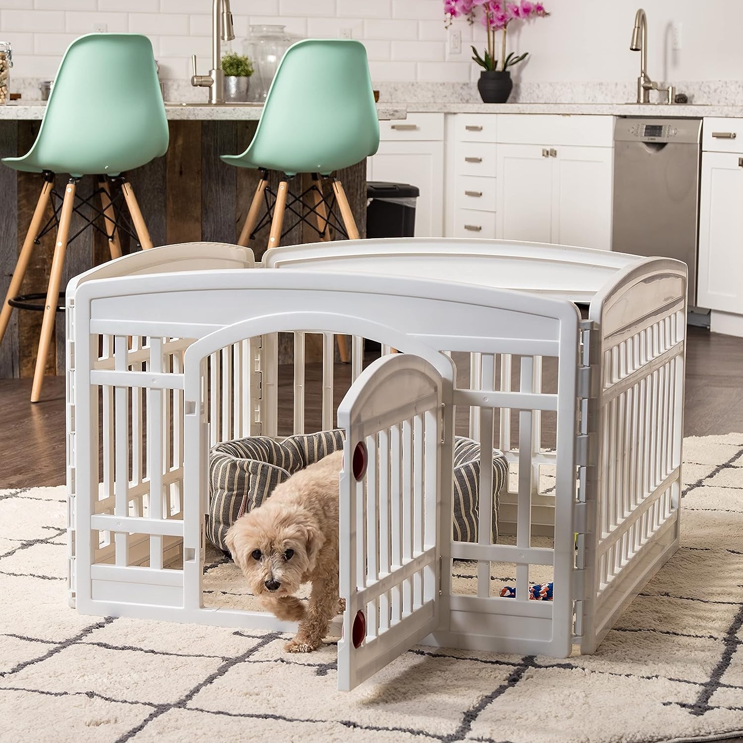 IRIS USA 24" Exercise 6-Panel Pet Playpen with Door, Dog Cat Playpen for Puppy Small Dogs Keep Pets Secure Easy Assemble Easy Storing Customizable Non-Skid Rubber Feet, White