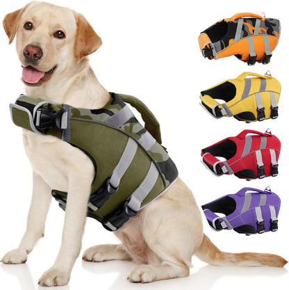 Kuoser Dog Life Jacket with Reflective Stripes, Adjustable High Visibility Dog Life Vest Ripstop Dog Lifesaver Pet Life Preserver with High Flotation Swimsuit for Small Medium and Large Dogs