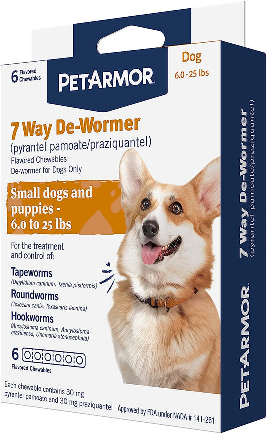 Petarmor 7 Way De-Wormer for Dogs, Oral Treatment for Tapeworm, Roundworm & Hookworm in Small Dogs & Puppies (6-25 Lbs), Worm Remover (Praziquantel & Pyrantel Pamoate), 6 Flavored Chewables