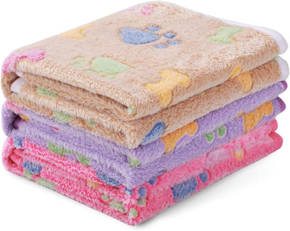 1 Pack 3 Blankets Super Soft Fluffy Cute Bone Pattern Pet Blanket Flannel Throw for Dog Puppy Cat Pink/Brown/Purple Small