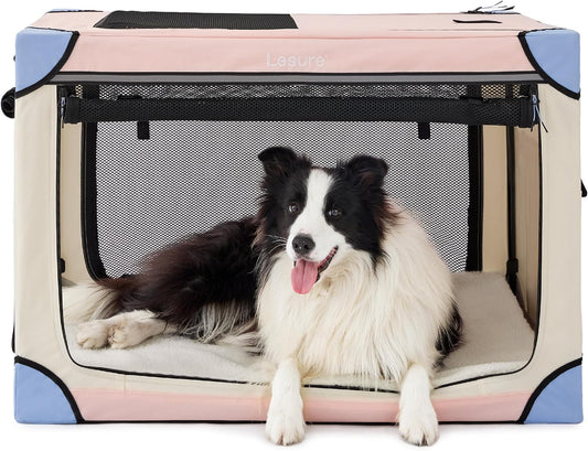 Lesure Soft Collapsible Dog Crate - 36 Inch Portable Travel Dog Crate for Large Dogs Indoor & Outdoor, 4-Door Foldable Pet Kennel with Durable Mesh Windows (Pink)