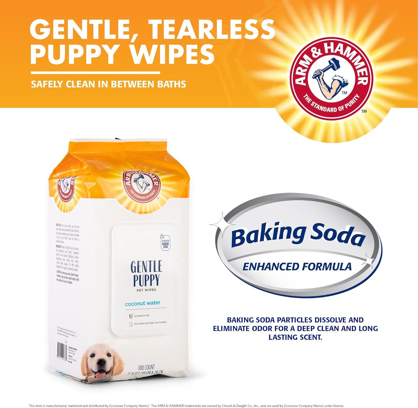 Arm & Hammer for Pets Gentle Puppy Bath Wipes, Coconut Water | All Purpose Puppy Cleaning Wipes Remove Odor & Refresh Skin for Pets | Gentle Tearless Pet Wipes 100 Count, 3 Pack