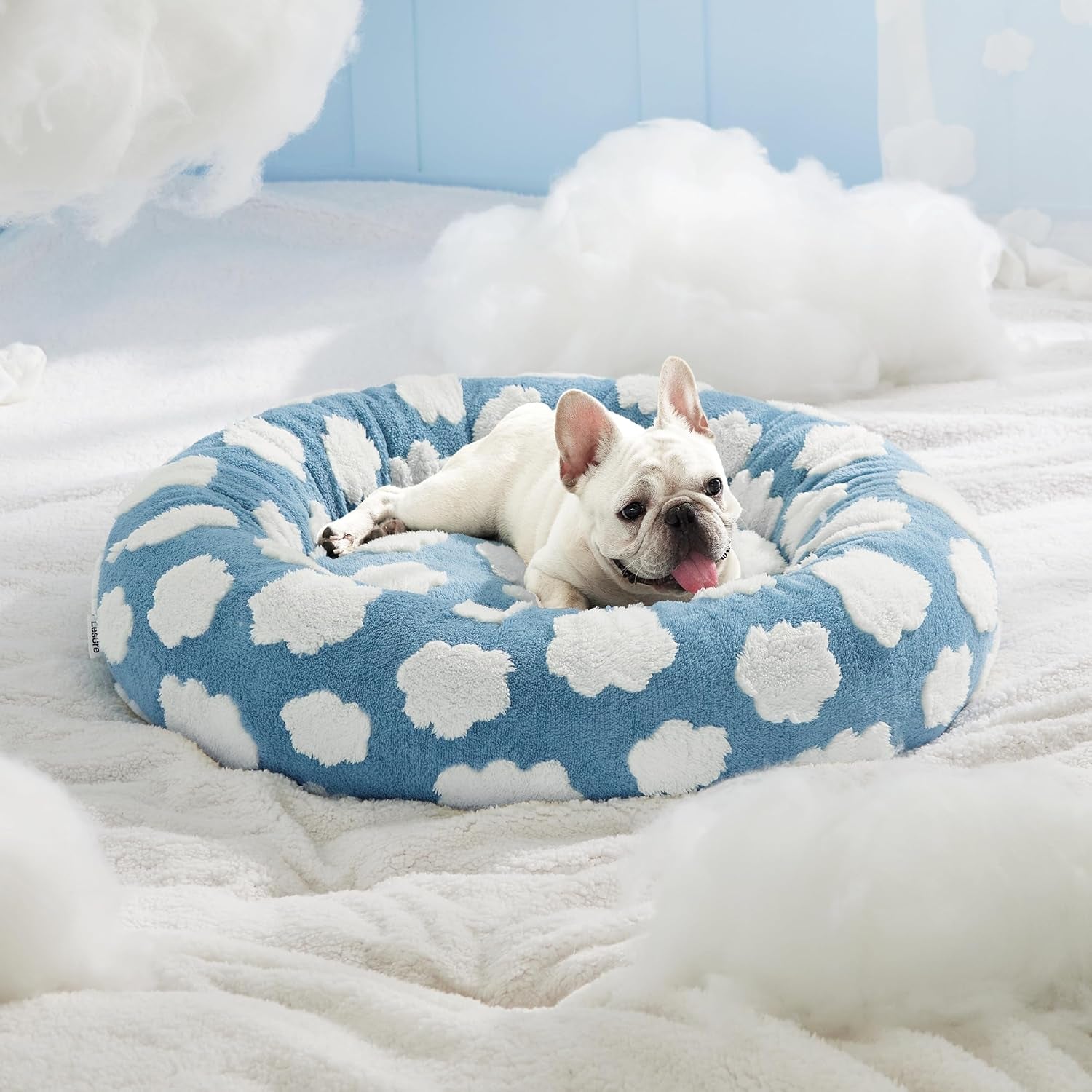 Lesure Donut Small Dog Bed - round Cat Beds for Indoor Cats Anti-Anxiety Calming Pet Beds, Washable Cute Modern Beds with Teddy Sherpa Plush & anti Slip Bottom Light Blue