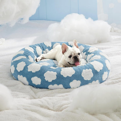 Lesure Donut Small Dog Bed - round Cat Beds for Indoor Cats Anti-Anxiety Calming Pet Beds, Washable Cute Modern Beds with Teddy Sherpa Plush & anti Slip Bottom Blue