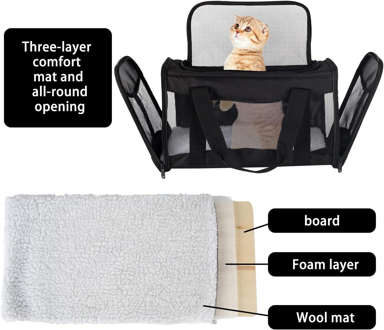 Cat Carrying Case - Pet Carrier Airline Approved, Protable and Breathable Pet Travel Carrier Removable Fleece Pad, Collapsible Cat Carrier Dog Carrier for Medium Cats Small Cats Dogs (Grey&Black M)