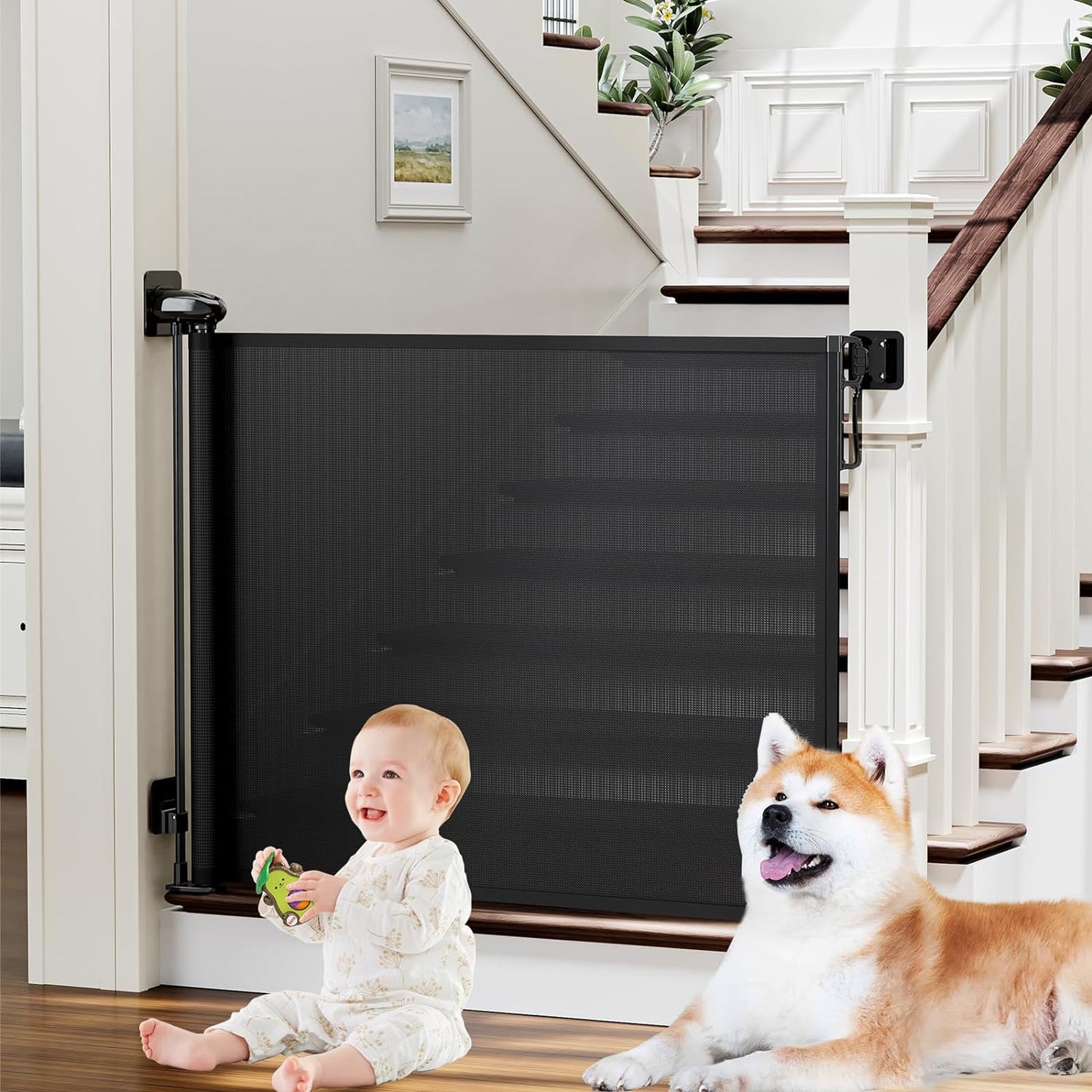 Retractable Baby Gates for Stairs No Drill, Probebi Retractable Dog Gate Indoor Extends to 54" Wide 34" Tall, Child Gates for Doorways, Stair Gate Use for Outdoor, Hallways, Doorways, Deck, Porch