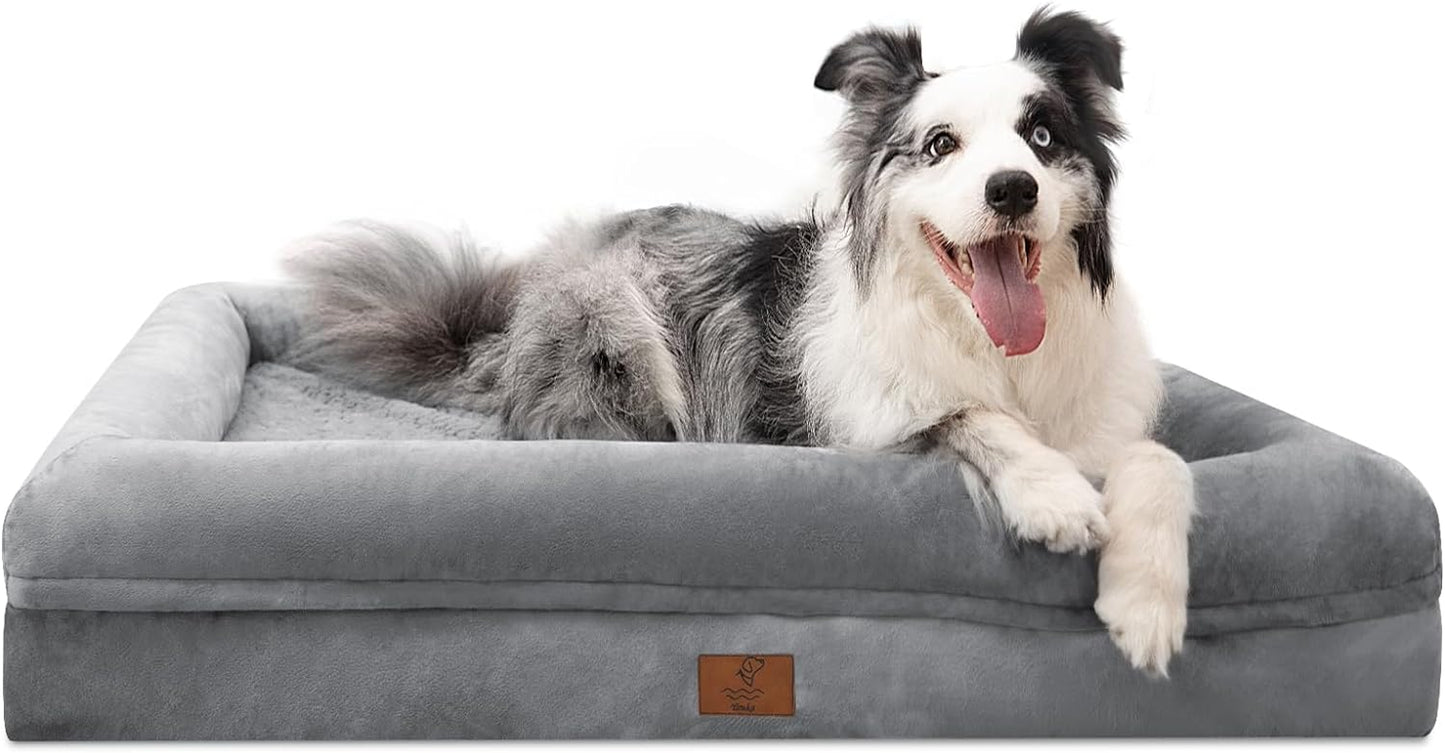 Large Dog Bed, Grey Orthopedic Dog Bed, Waterproof Dog Bed with Removable Cover, 4-Sides Removable Bolster Dog Soft Sofa Bed with Nonskid Bottom, Washable Dog Beds for Large Dogs