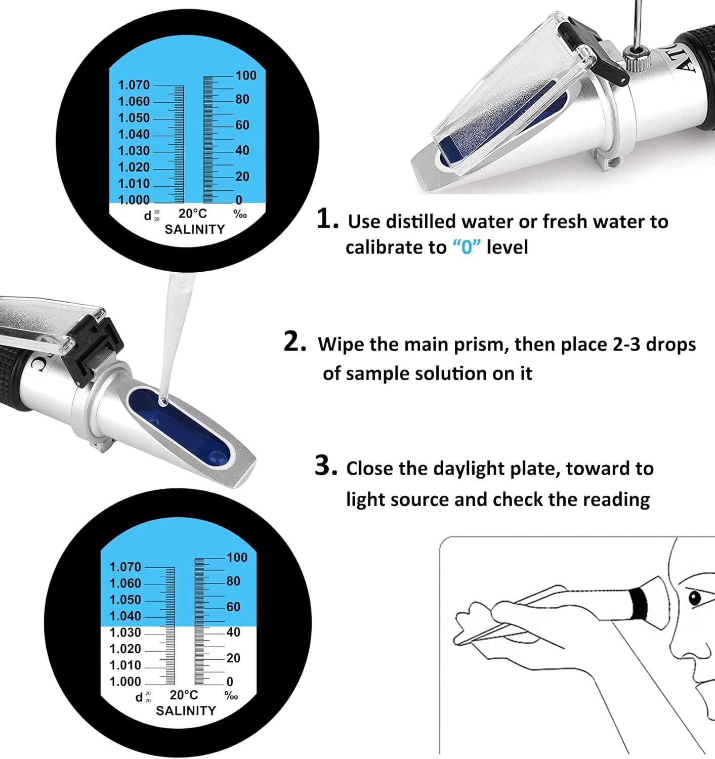 Salinity Refractometer for Seawater Marine Fishkeeping Aquarium 0-100PPT & 1.000-1.070 Salinity Hydrometer Salinity Tester with with Automatic Temperature Compensation (ATC)