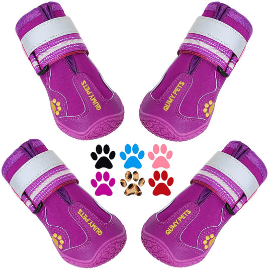 QUMY Dog Shoes for Large Dogs, Medium Dog Boots & Paw Protectors for Winter Snowy Day, Summer Hot Pavement, Waterproof in Rainy Weather, Outdoor Walking, Indoor Hardfloors anti Slip Sole Purple Size 4