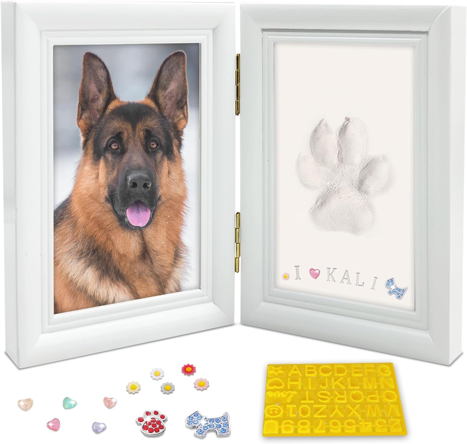 Dog or Cat Paw Print Frame Kit with Trinkets,Large Pawprint Area,Pet Paw Print Impression Kit with Sofe Clay,Wooden Dog Picture Frame,Personalized Gift Keepsake for Pet Lovers-Large White