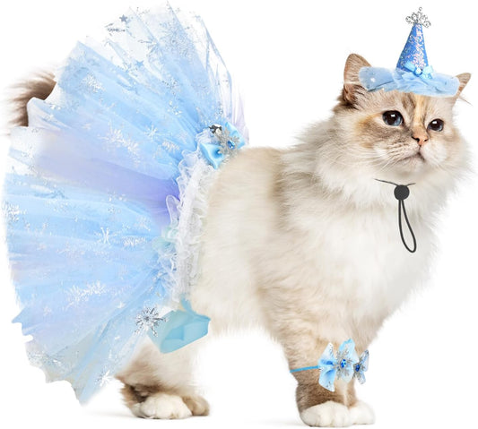 Cat Birthday Princess Costume for Cat Kitten Crown Hat Tutu Skirt Cat Princess Hat Cat Bandana Halloween Small Pet Outfit for Cats Kittens L