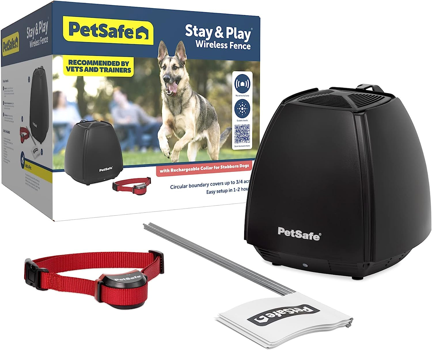 PetSafe Stay & Play Wireless Pet Fence for Stubborn Dogs - No Wire Circular Boundary, Secure 3/4-Acre Yard, For Dogs 5lbs+, America's Safest Wireless Fence From Parent Company INVISIBLE FENCE Brand