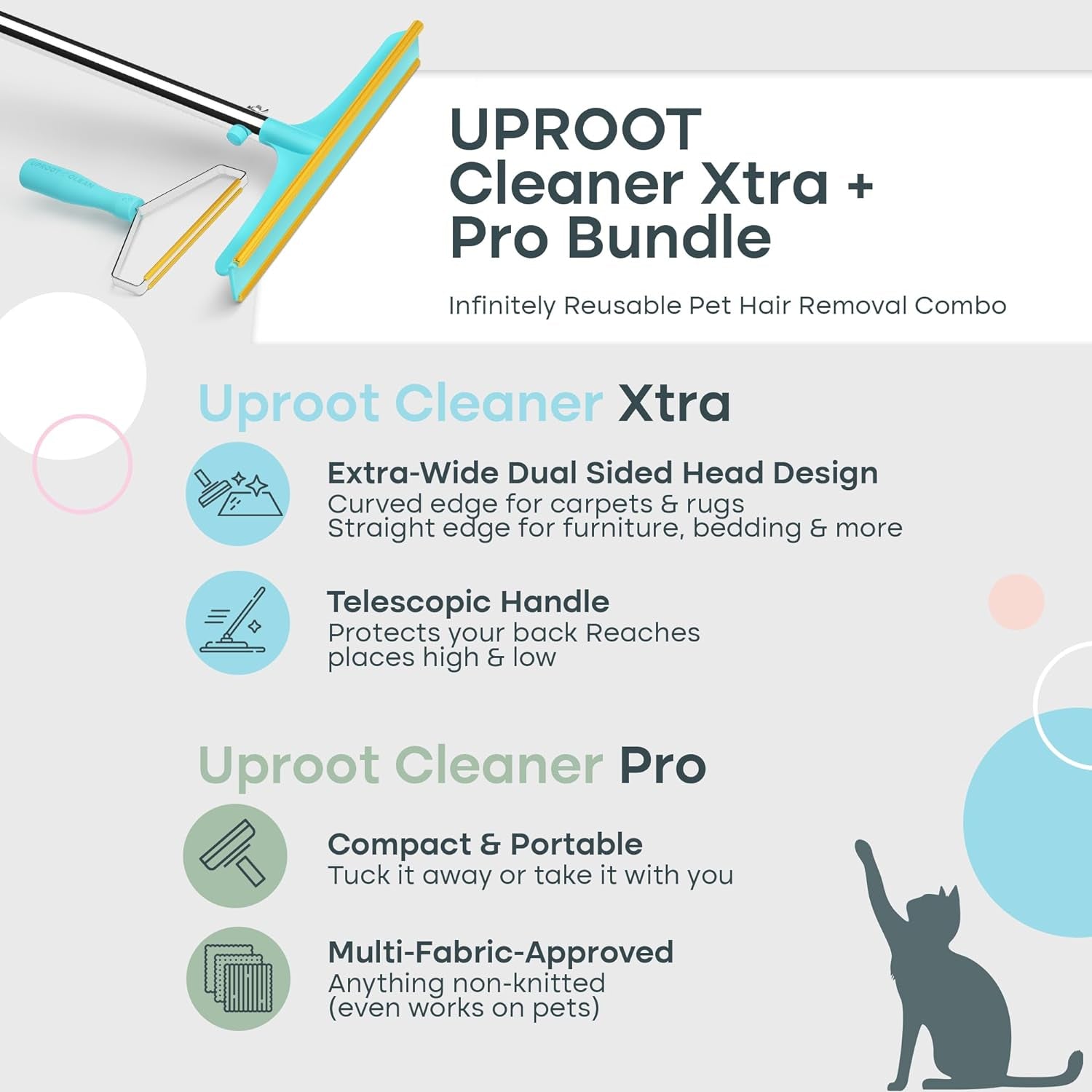 Uproot Clean Pro Pet Hair Remover Bundled with Mini Pet Hair Remover for Couch & Xtra Carpet Rake for Pet Hair Removal - Dog Hair Remover for Car - a True Fur-Riccane Survival Kit!