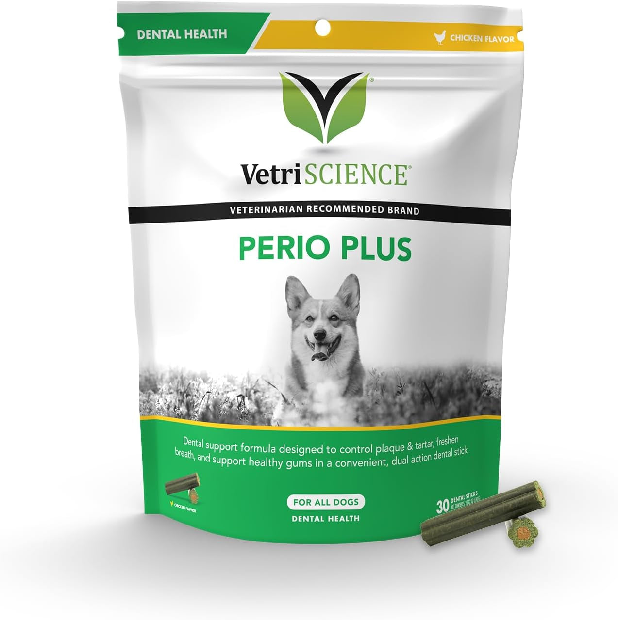 Vetriscience Perio plus Dental Sticks for Dogs - Advanced Dog Breath Freshener - Dual Action Dog Teeth Cleaning Chews for Plaque Control & Fresh Breath, 30 Sticks, Chicken Flavor​