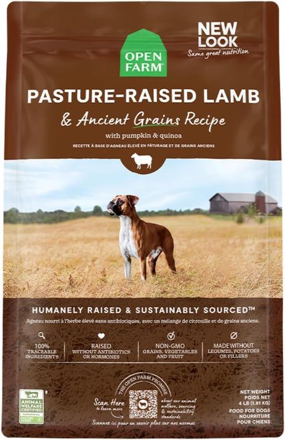 Open Farm Ancient Grains Dry Dog Food, Humanely Raised Meat Recipe with Wholesome Grains and No Artificial Flavors or Preservatives (Pasture Raised Lamb Ancient Grain, 11 Pound (Pack of 1))