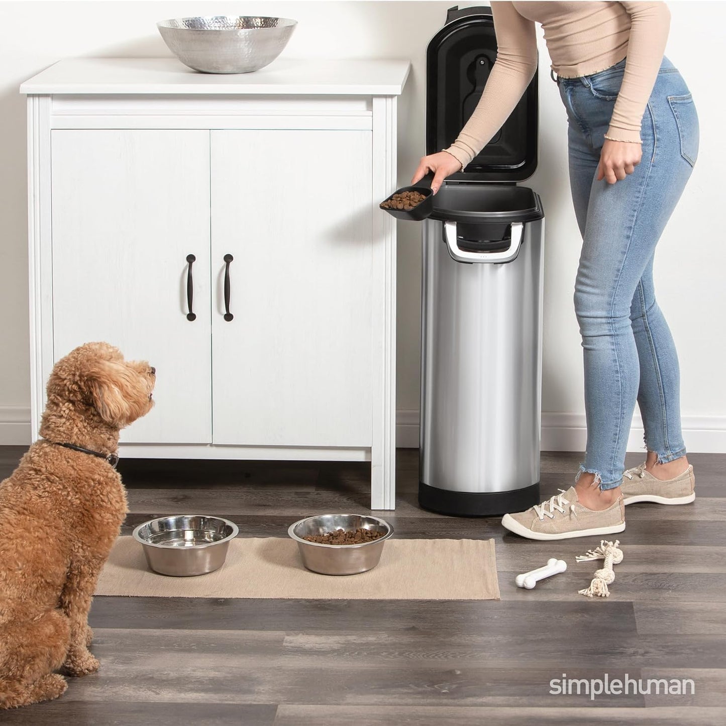 Simplehuman 35 Liter, 40 Lb / 18.1 Kg X-Large Pet Food Storage Container for Dog Food, Cat Food, and Bird Feed, Brushed Stainless Steel