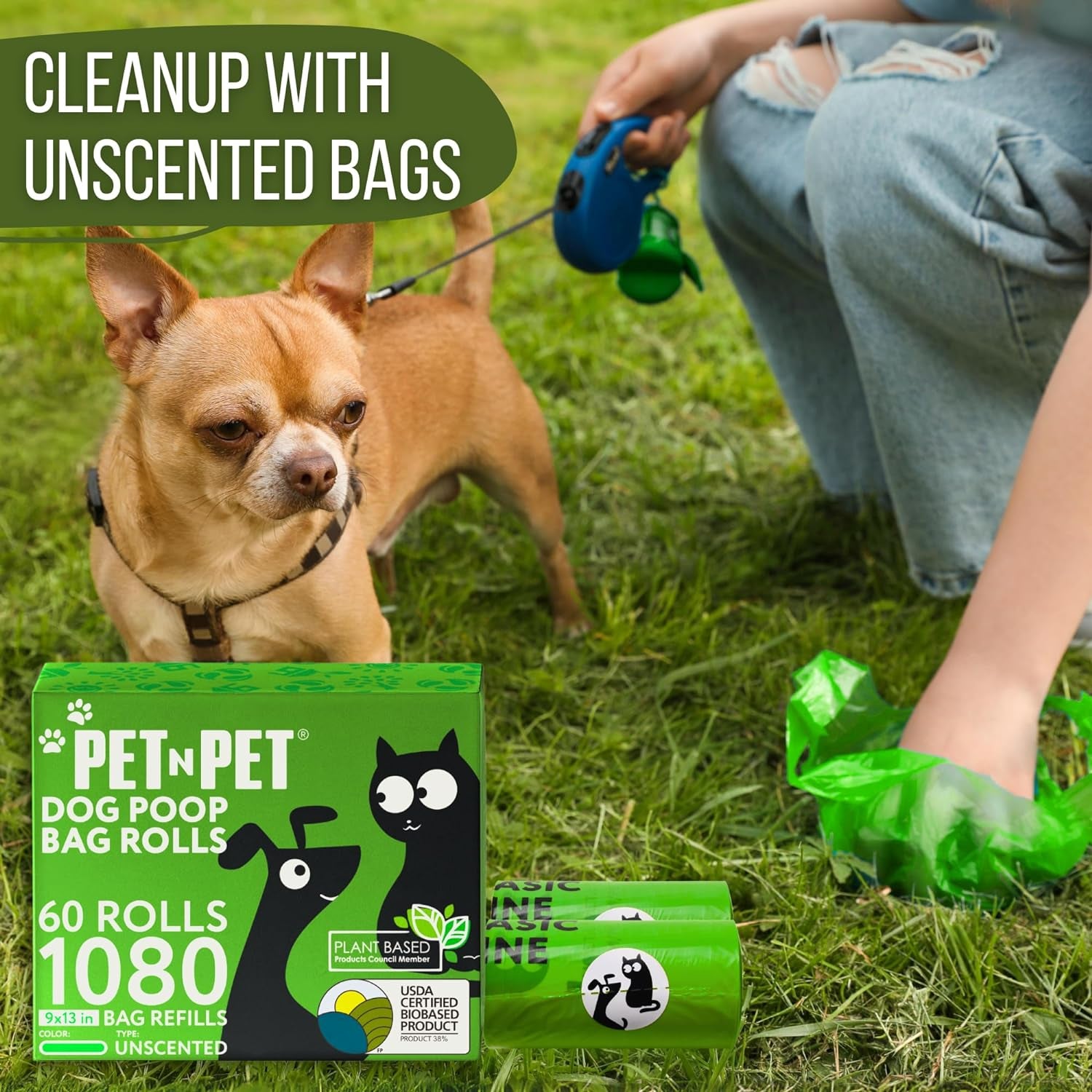 Pet N Pet 1080 Counts Green Poop Bags for Dogs, 38% Plant Based & 62% PE Extra Thick Dog Poop Bags Rolls, 9" X 13" Unscented Dog Bags for Poop, Doggie Poop Bags, Cat Poop Bags, Pet Waste Bags