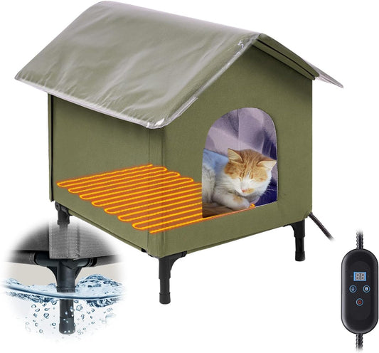 Large Heated Cat House for Outside, Insulated Weatherproof Outdoor Feral Cat House with Timer & Adjustable Temperature Heater Pad, Elevated Pet House with Escape Door for Winter, Barn, Porch