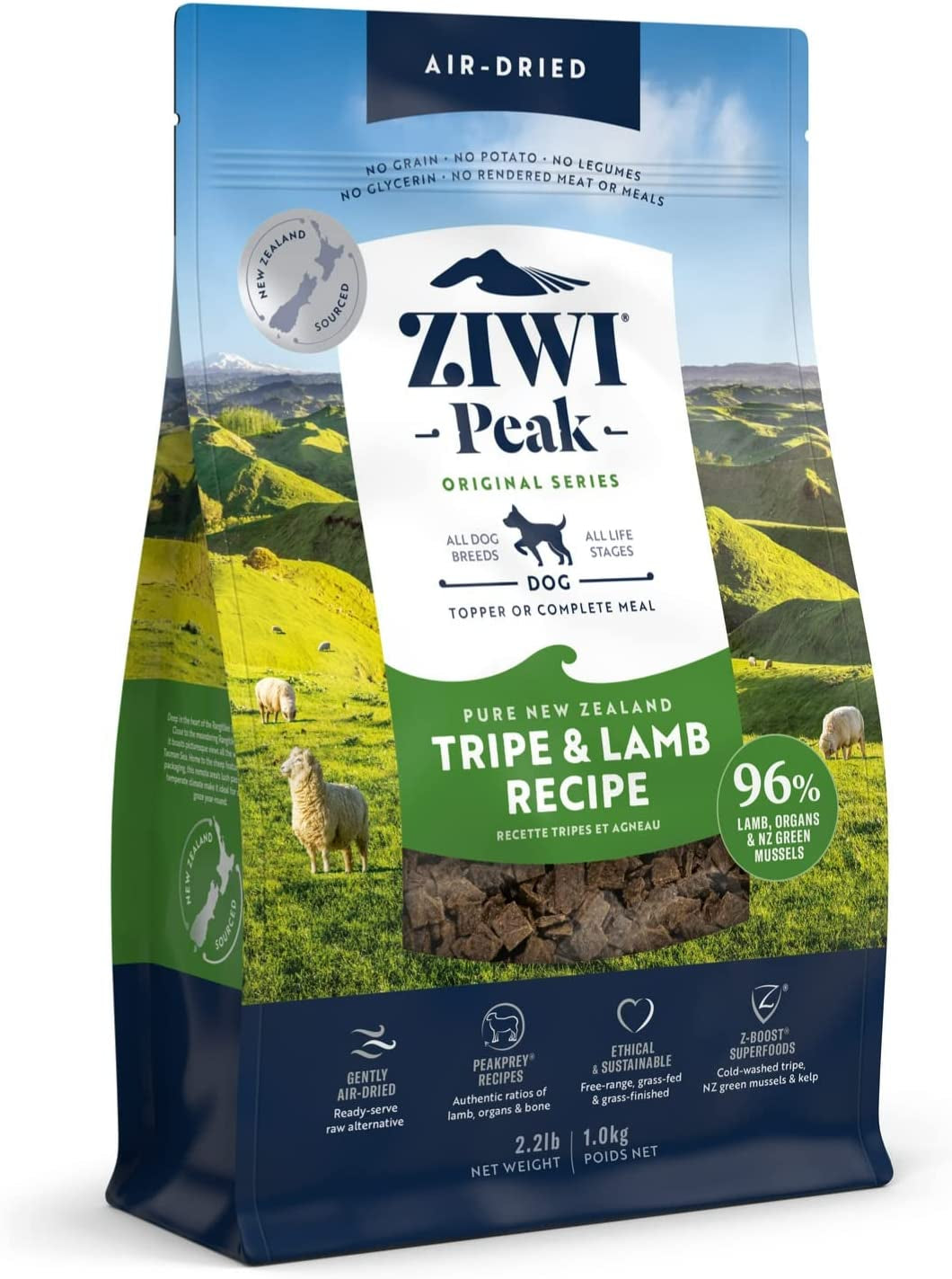 ZIWI Peak Air-Dried Dog Food – All Natural, High Protein, Grain Free & Limited Ingredient with Superfoods (Tripe & Lamb, 2.2 Lb)