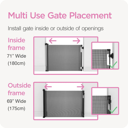Retractable Baby Gate Perma Child Safety 41" Tall X 71” Wide, Mesh, for Stairs, Doorways, Dogs, Pets, Indoor, Outdoor, One-Handed Operation, Locking, Easy Install, Hardware Mount, Gray