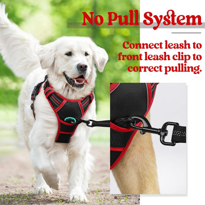 Rabbitgoo Dog Harness, No-Pull Pet Harness with 2 Leash Clips, Adjustable Soft Padded Dog Vest, Reflective No-Choke Pet Oxford Vest with Easy Control Handle for Large Dogs, Black & Red, L