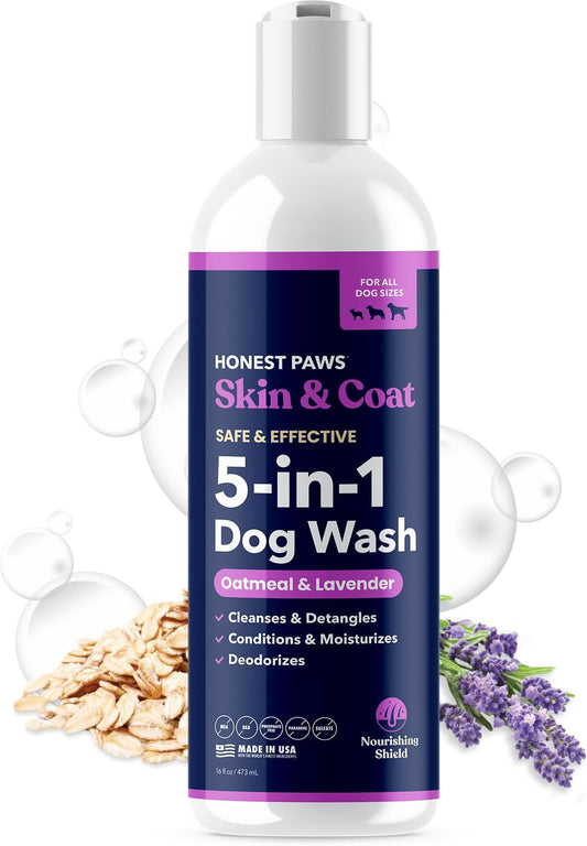 Honest Paws Dog Shampoo and Conditioner - Premium Dog Wash for Allergies and Dry, Itchy, Moisturizing for Sensitive Skin - Sulfate Free, Plant Based, All Natural - Oatmeal & Lavender - 16 Fl Oz