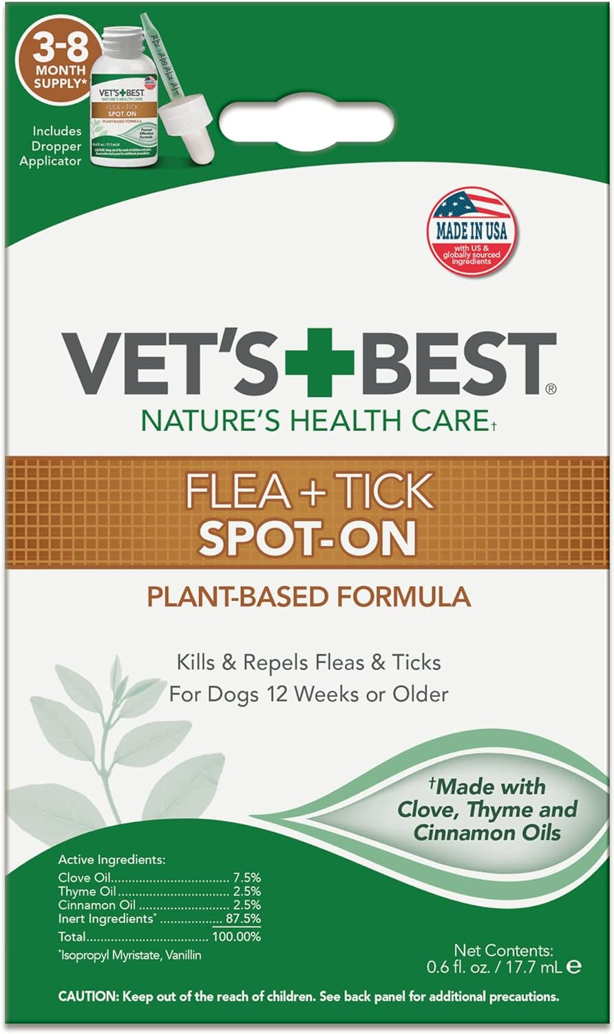 Vet'S Best Flea & Tick Spot-On Drops - Topical Flea & Tick Prevention for Dogs - Plant-Based Formula - Certified Natural Oils - for Various Dog Sizes - 3-8 Month Supply