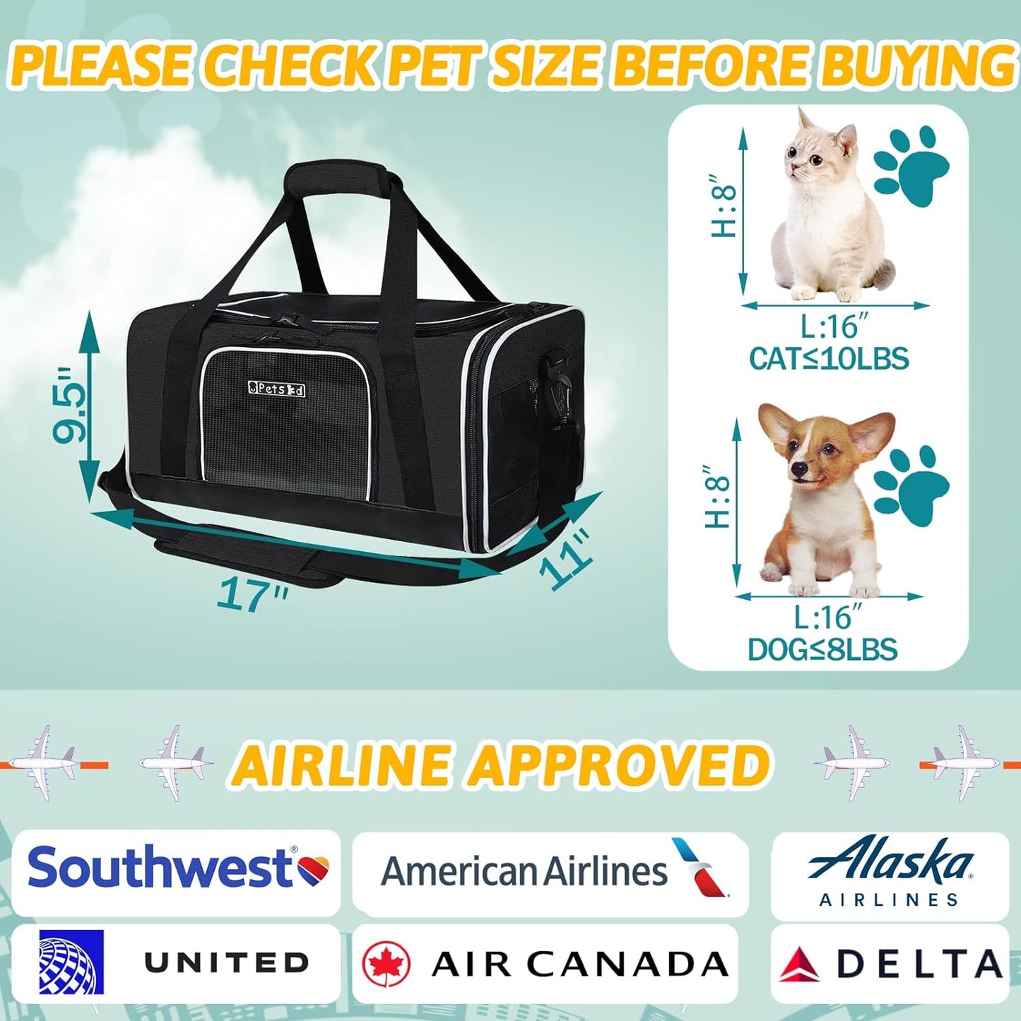 Pet Carrier 17X11X10.5 Delta American United Airline Approved, Pet Travel Carrier Bag for Small Cats and Dogs, Cat Soft Sided Carrier with Safety Lock Zippers, 5-Sided Breathable Mesh(Grey)