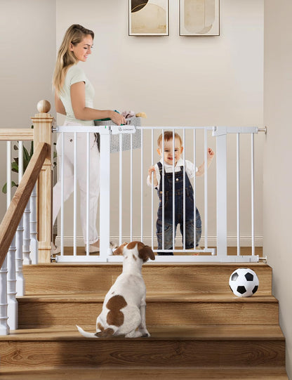 COMOMY 30" Tall Baby Gate for Stairs Doorways, Fits Openings 29.5" to 46" Wide, Auto Close Extra Wide Dog Gate for House, Pressure Mounted Easy Walk through Pet Gate with Door, White