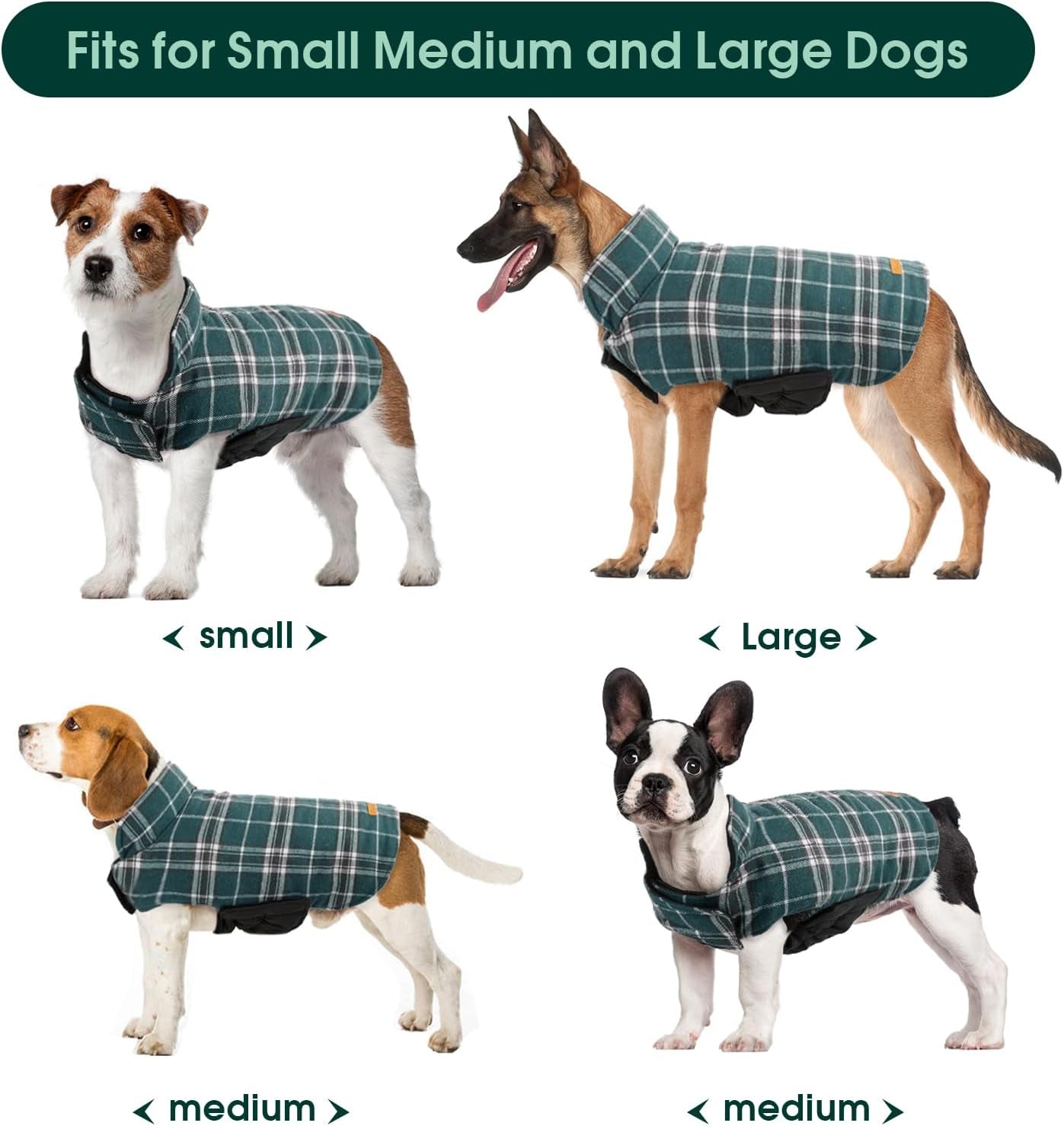 Kuoser Warm Dog Coat, Reversible Dog Jacket Waterproof Dog Winter Coat British Style Plaid Dog Clothes Pet Dog Cold Weather Coats Cozy Snow Jacket Vest for Small Medium Large Dogs Green M