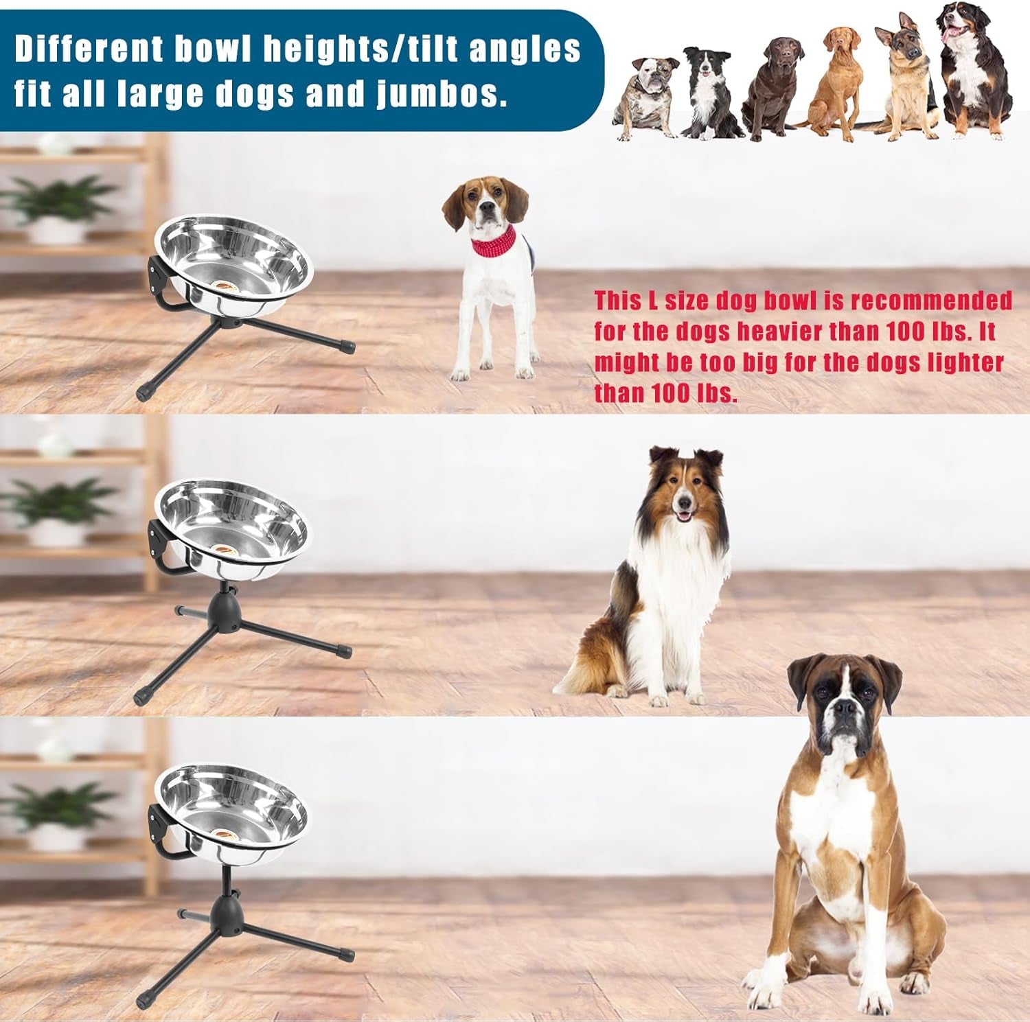 2 Pack Elevated Dog Bowls with Adjustable Metal Stand,Extra Large Size for Dogs Heavier Than 100 lbs,1.24 Gal 4.7 Liter, Stainless Steel Dog Food Bowl Height Adjustable Non-Slip Raised Dog Bowl Set