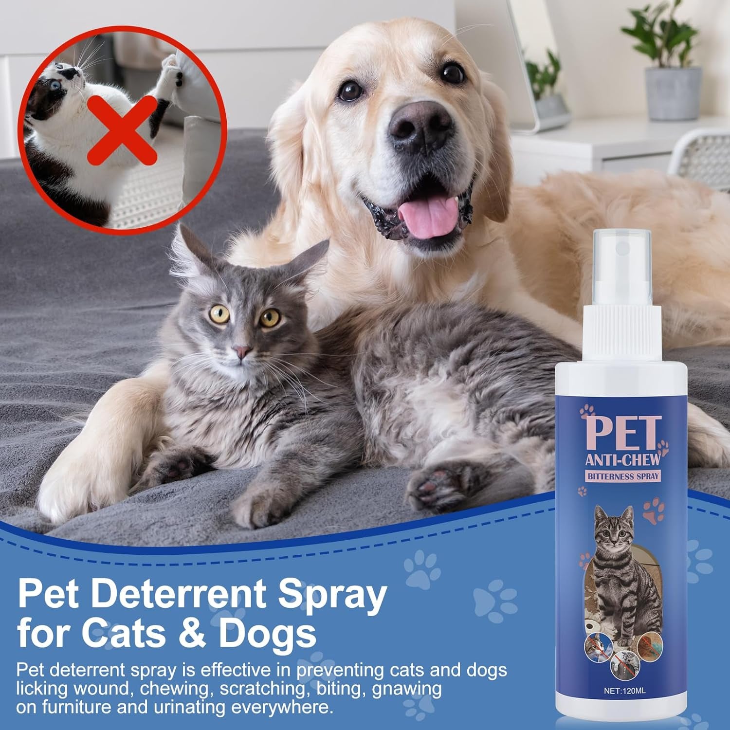 Cat Deterrent Spray. Cat Repellent Indoor for Cat and Kitten. Effective Cat Repellent Spray Training Aid for Furniture, Curtain, Sofa, Floor, Plant and More. Safe for Indoor & Outdoor Use. 120ML